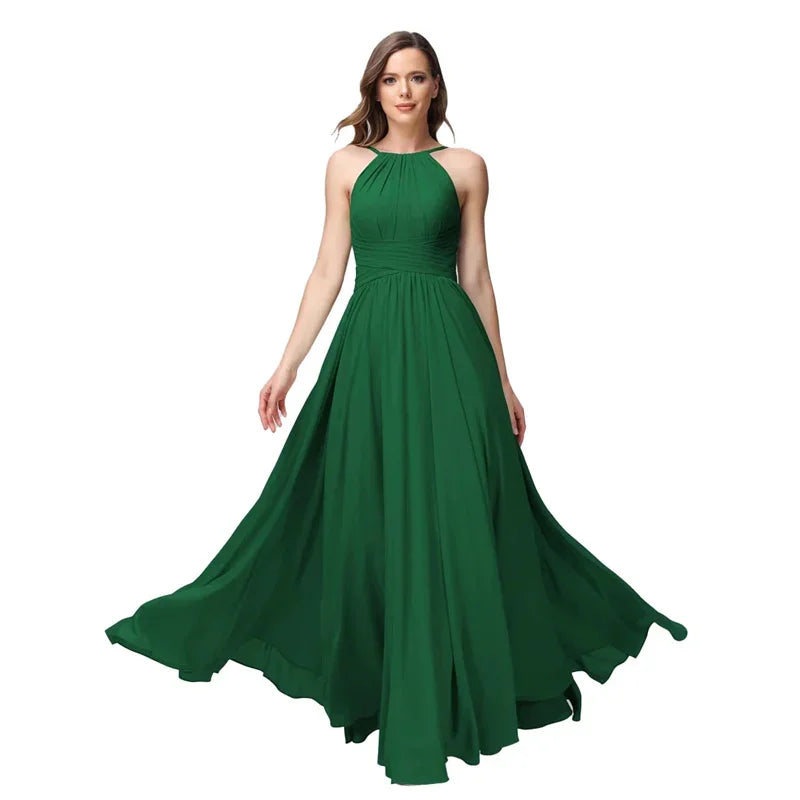 A-Line Chiffon Bridesmaid Dress – Halter Neck, Pleated, Corset Back, Formal Gown