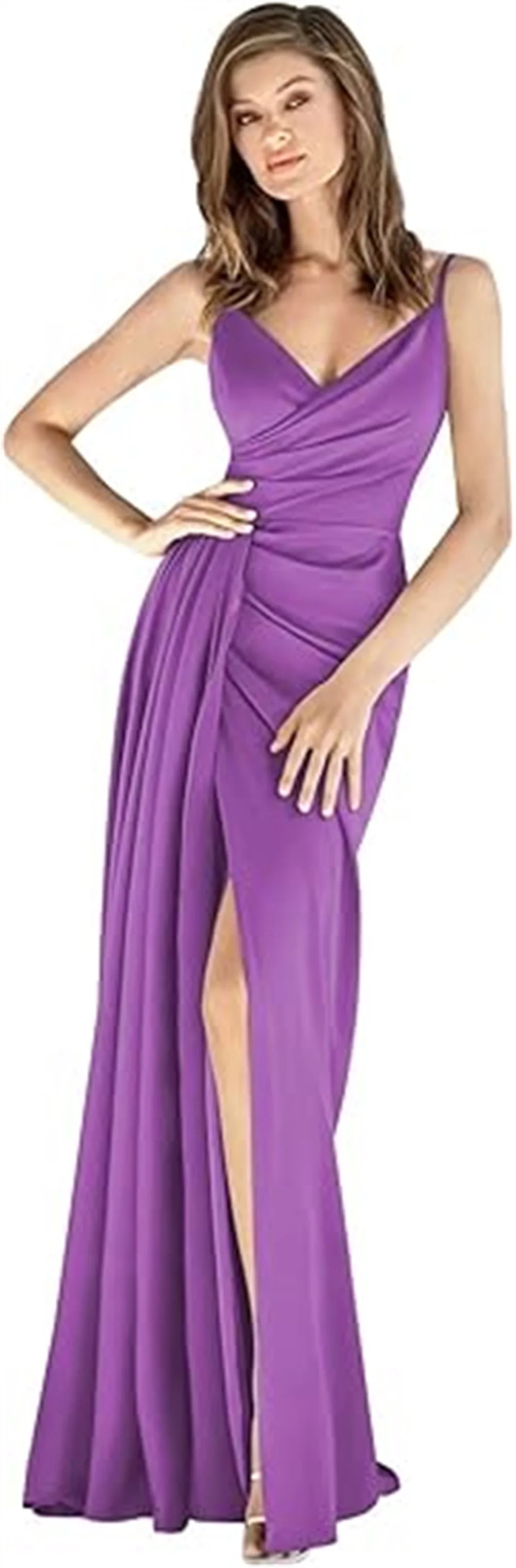 V-Neck Satin Bridesmaid Dress – Slit, Spaghetti Straps, Mermaid Fit, Pleated Gown