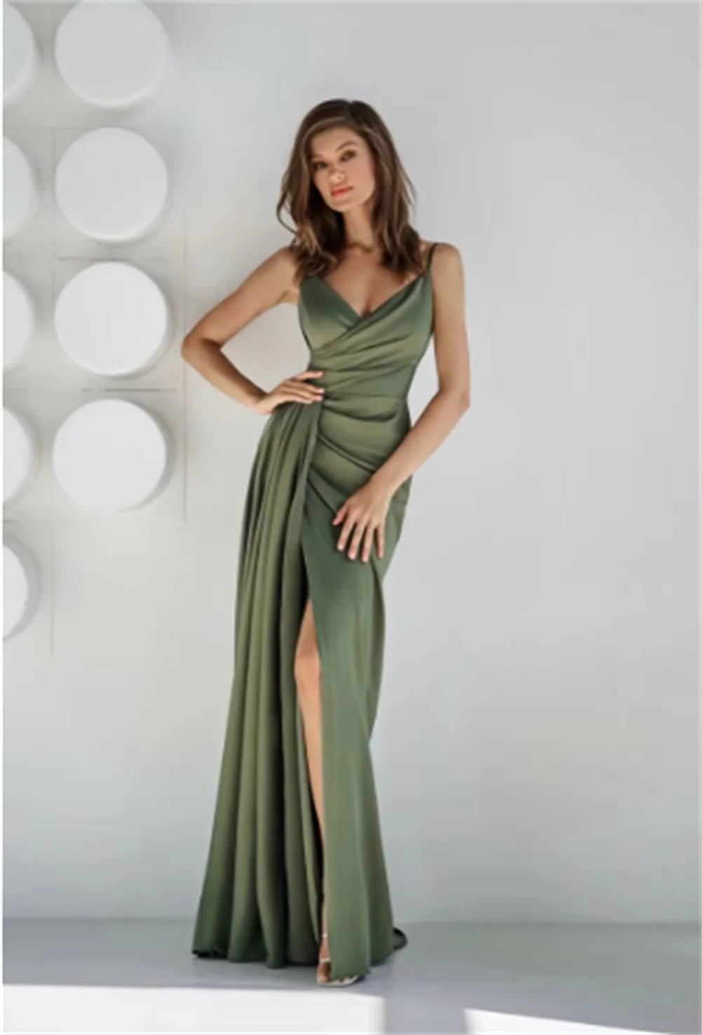 V-Neck Satin Bridesmaid Dress – Slit, Spaghetti Straps, Mermaid Fit, Pleated Gown