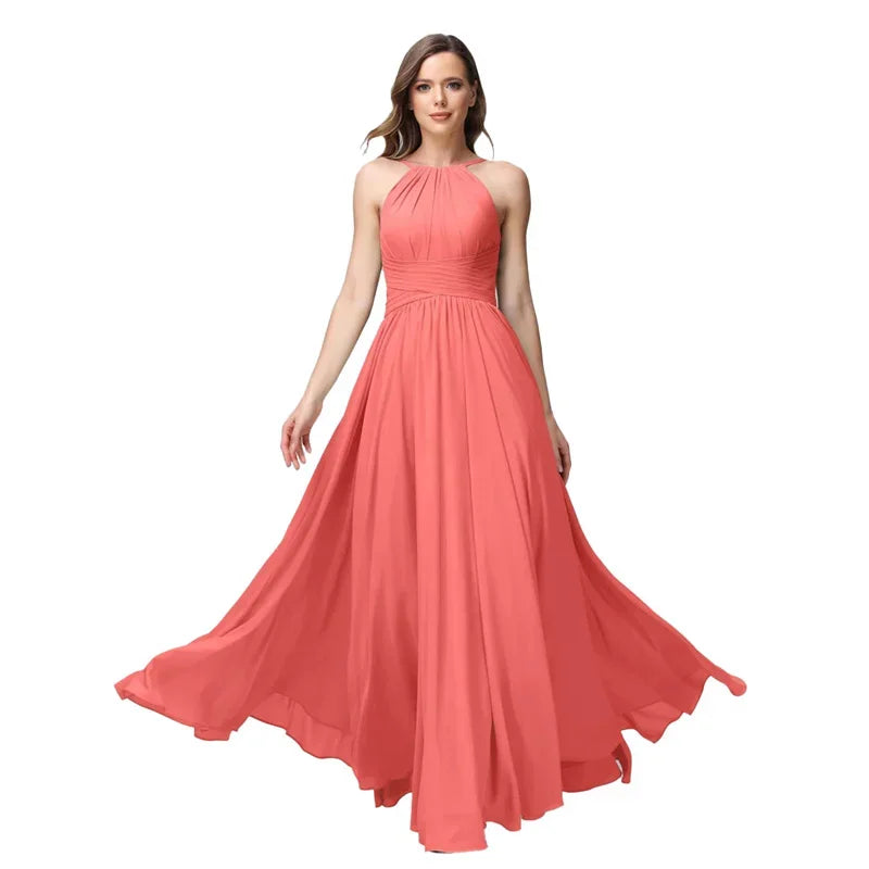 A-Line Chiffon Bridesmaid Dress – Halter Neck, Pleated, Corset Back, Formal Gown