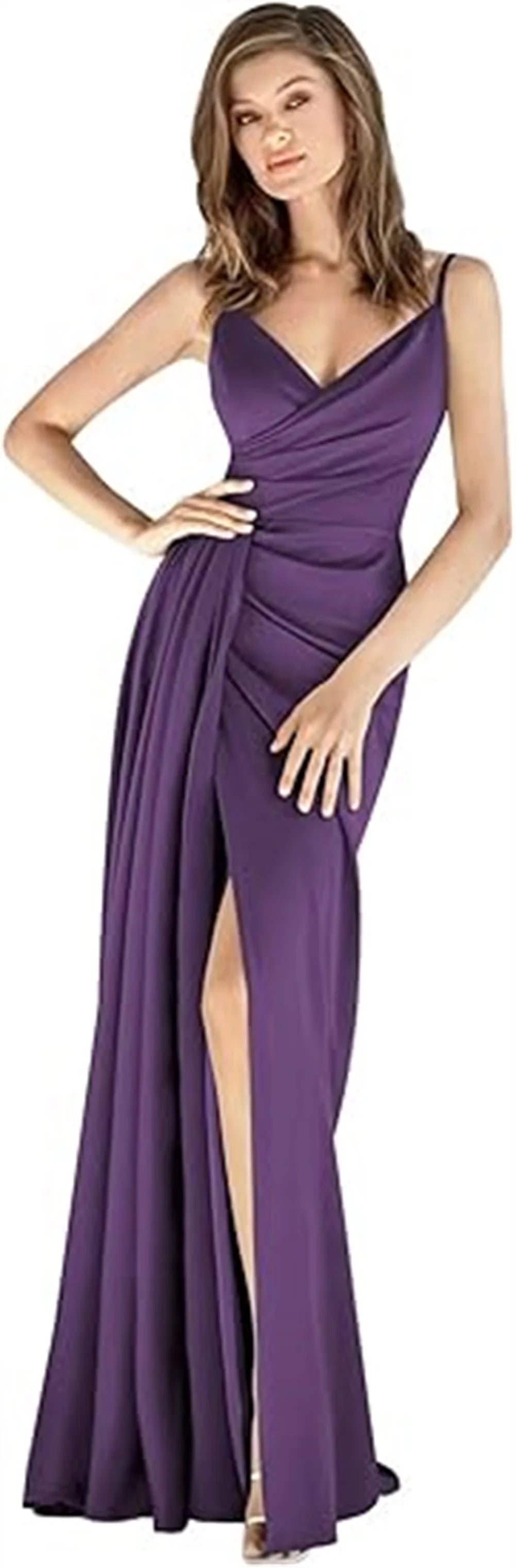 V-Neck Satin Bridesmaid Dress – Slit, Spaghetti Straps, Mermaid Fit, Pleated Gown
