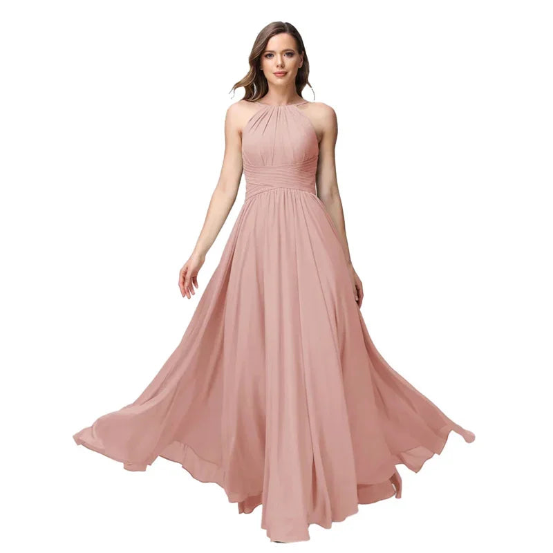 A-Line Chiffon Bridesmaid Dress – Halter Neck, Pleated, Corset Back, Formal Gown