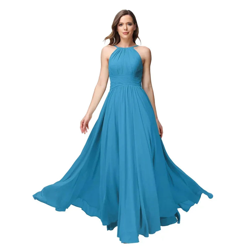 A-Line Chiffon Bridesmaid Dress – Halter Neck, Pleated, Corset Back, Formal Gown