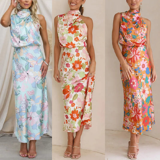 2025 Elegant Satin Lace Sleeveless Dress – Printed & Mature Style