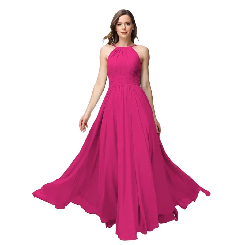 A-Line Chiffon Bridesmaid Dress – Halter Neck, Pleated, Corset Back, Formal Gown