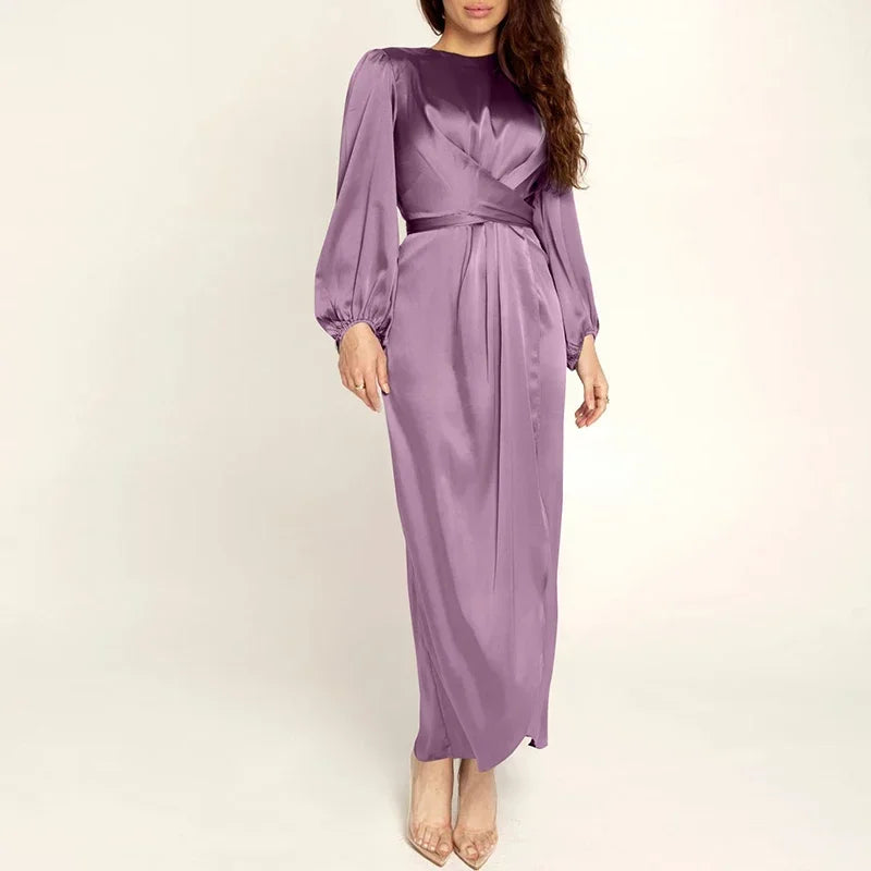 Satin Maxi Muslim Dress – Long Sleeve, Wrap Front, Modest Evening Gown