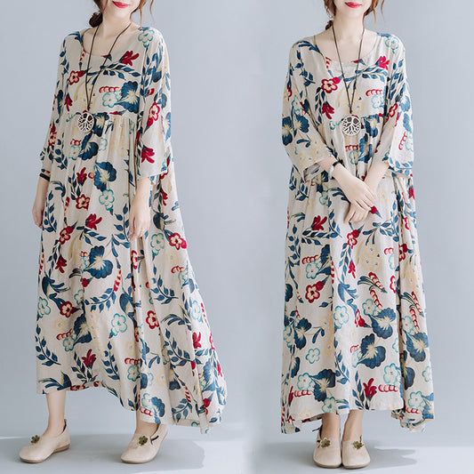 Plus Size Cotton Linen Dress – Loose Fit, Printed, Short Sleeve Casual Wear